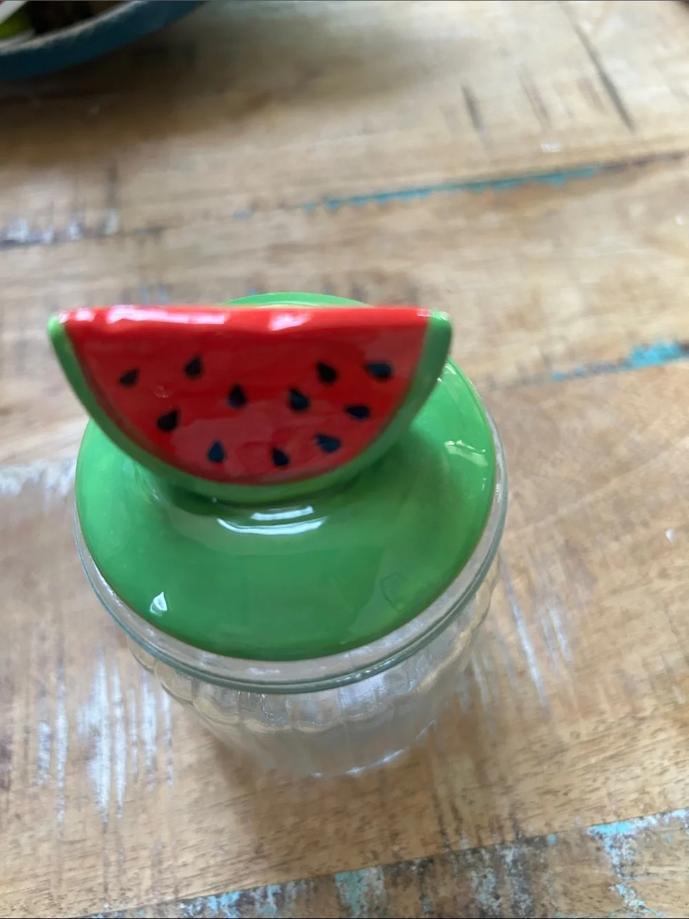 Watermelon-Top Green Lid Glass Spice Jar - Decorative Kitchen NWOT Canister